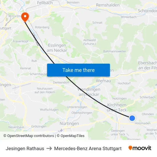 Jesingen Rathaus to Mercedes-Benz Arena Stuttgart map