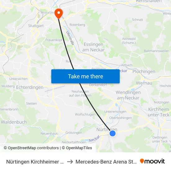 Nürtingen Kirchheimer Straße to Mercedes-Benz Arena Stuttgart map