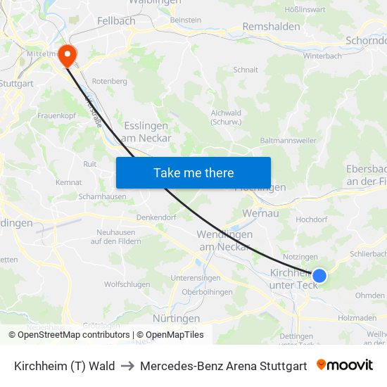 Kirchheim (T) Wald to Mercedes-Benz Arena Stuttgart map