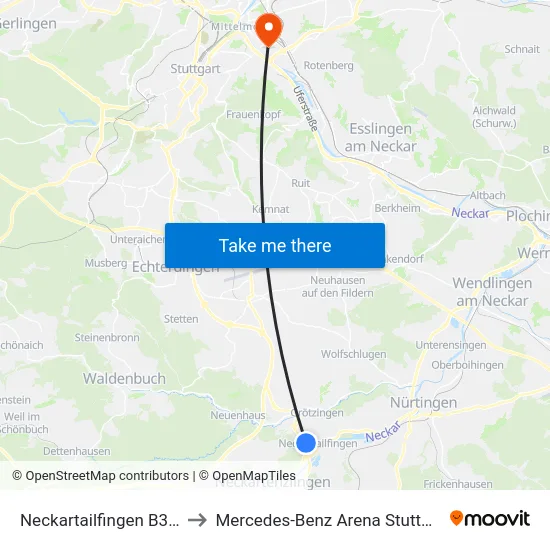 Neckartailfingen B312 to Mercedes-Benz Arena Stuttgart map