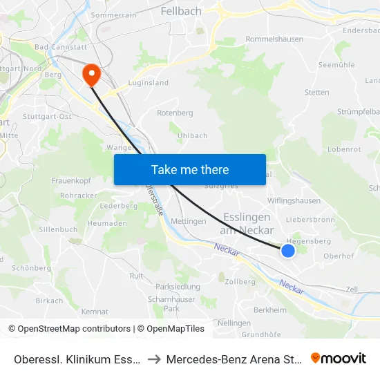 Oberessl. Klinikum Esslingen to Mercedes-Benz Arena Stuttgart map