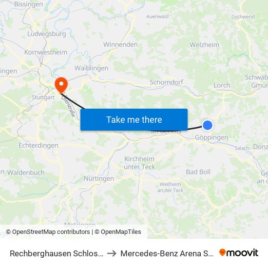 Rechberghausen Schlossmarkt to Mercedes-Benz Arena Stuttgart map