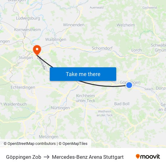 Göppingen Zob to Mercedes-Benz Arena Stuttgart map