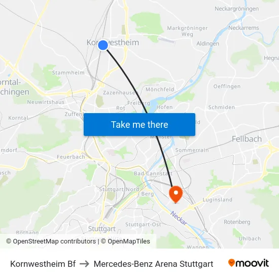 Kornwestheim Bf to Mercedes-Benz Arena Stuttgart map