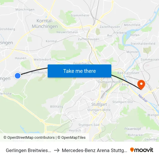 Gerlingen Breitwiesen to Mercedes-Benz Arena Stuttgart map