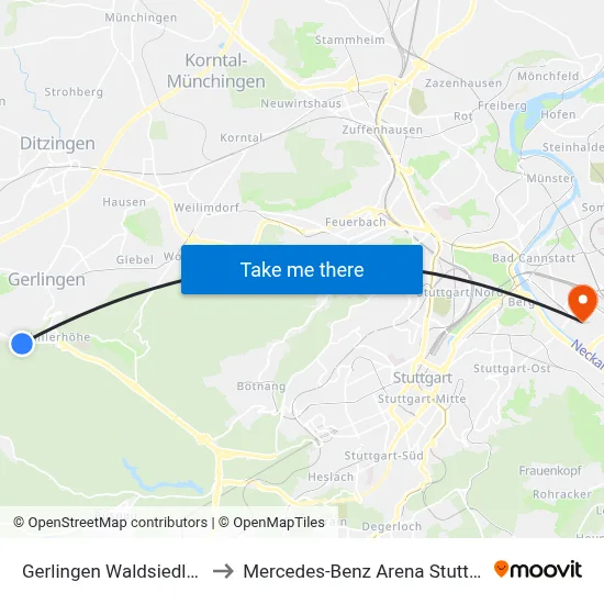 Gerlingen Waldsiedlung to Mercedes-Benz Arena Stuttgart map
