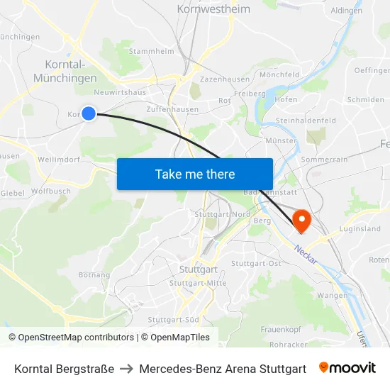 Korntal Bergstraße to Mercedes-Benz Arena Stuttgart map