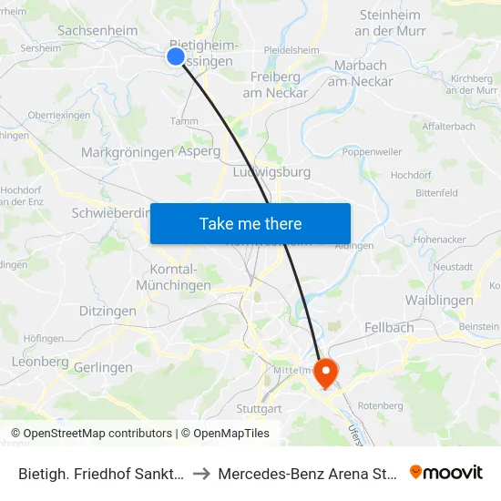 Bietigh. Friedhof Sankt Peter to Mercedes-Benz Arena Stuttgart map
