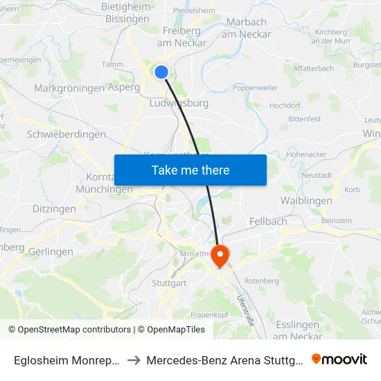 Eglosheim Monrepos to Mercedes-Benz Arena Stuttgart map