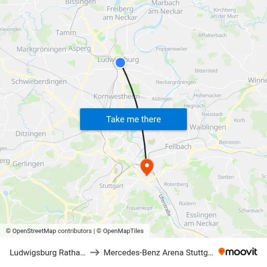Ludwigsburg Rathaus to Mercedes-Benz Arena Stuttgart map