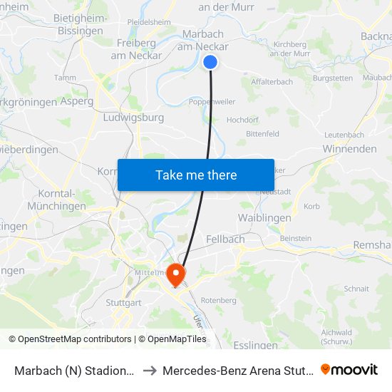 Marbach (N) Stadionhalle to Mercedes-Benz Arena Stuttgart map