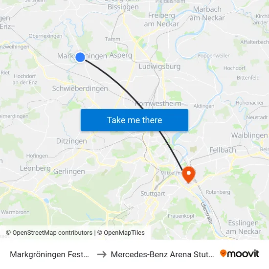 Markgröningen Festplatz to Mercedes-Benz Arena Stuttgart map