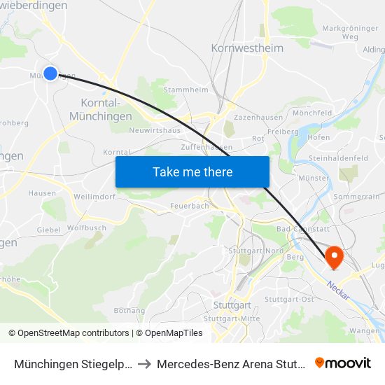 Münchingen Stiegelplatz to Mercedes-Benz Arena Stuttgart map