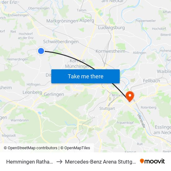 Hemmingen Rathaus to Mercedes-Benz Arena Stuttgart map