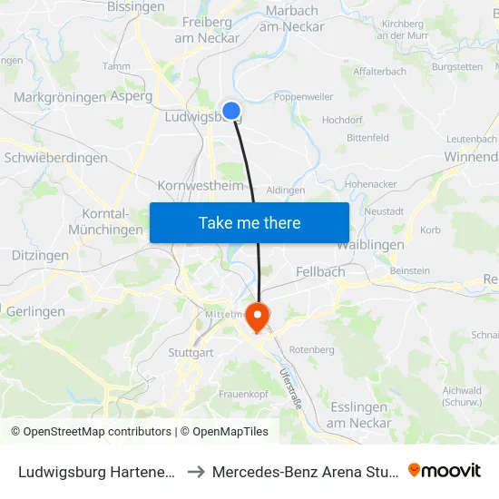 Ludwigsburg Harteneckstr. to Mercedes-Benz Arena Stuttgart map