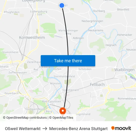 Oßweil Wettemarkt to Mercedes-Benz Arena Stuttgart map