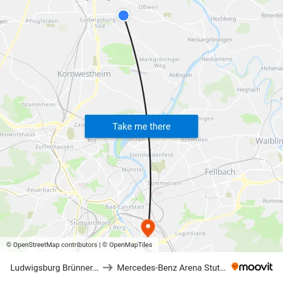 Ludwigsburg Brünner Str. to Mercedes-Benz Arena Stuttgart map
