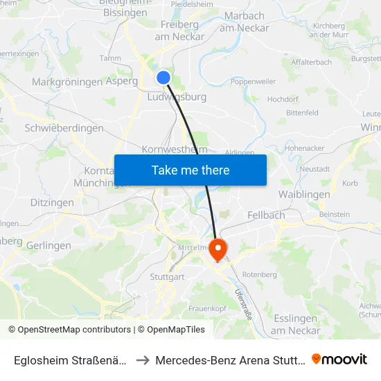 Eglosheim Straßenäcker to Mercedes-Benz Arena Stuttgart map
