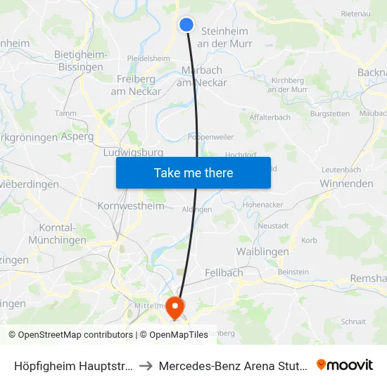 Höpfigheim Hauptstraße to Mercedes-Benz Arena Stuttgart map
