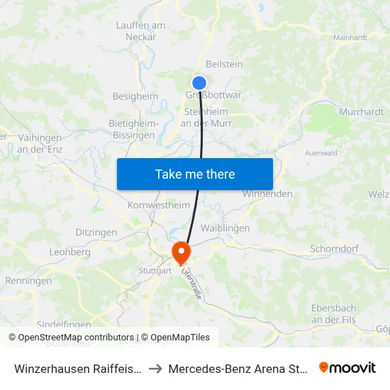 Winzerhausen Raiffeisenstr. to Mercedes-Benz Arena Stuttgart map