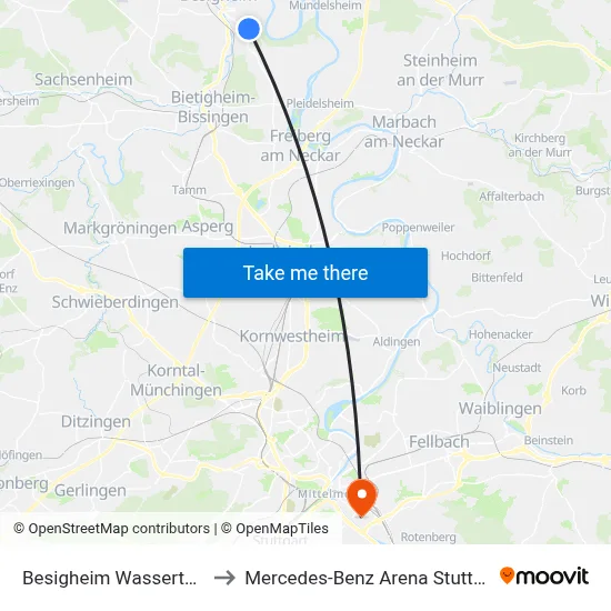 Besigheim Wasserturm to Mercedes-Benz Arena Stuttgart map