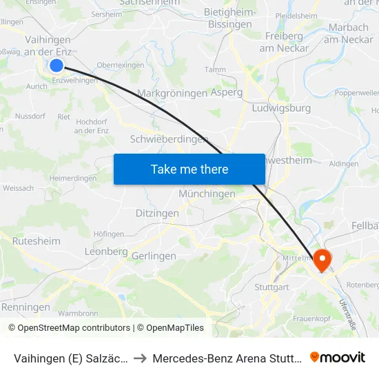 Vaihingen (E) Salzäcker to Mercedes-Benz Arena Stuttgart map
