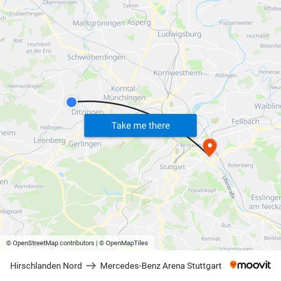 Hirschlanden Nord to Mercedes-Benz Arena Stuttgart map