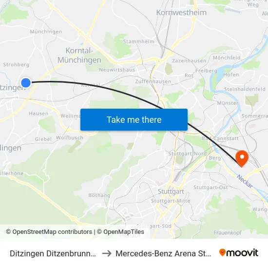 Ditzingen Ditzenbrunner Str. to Mercedes-Benz Arena Stuttgart map
