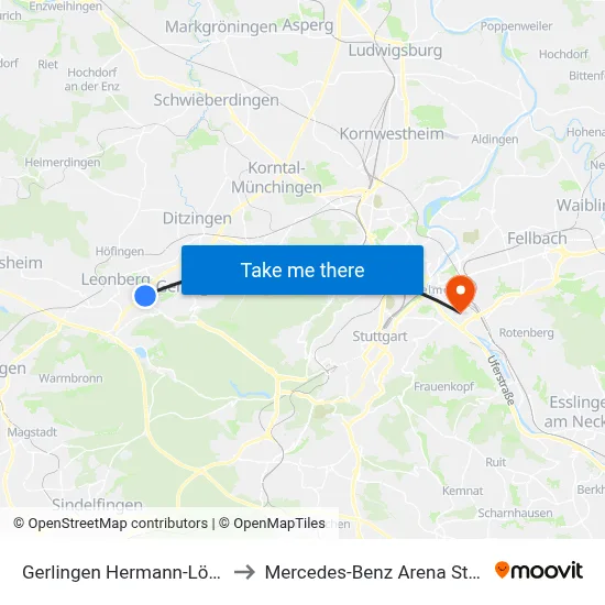 Gerlingen Hermann-Löns-Str. to Mercedes-Benz Arena Stuttgart map