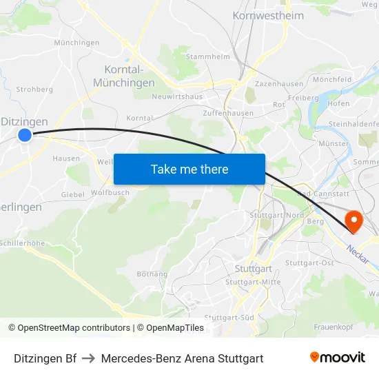 Ditzingen Bf to Mercedes-Benz Arena Stuttgart map