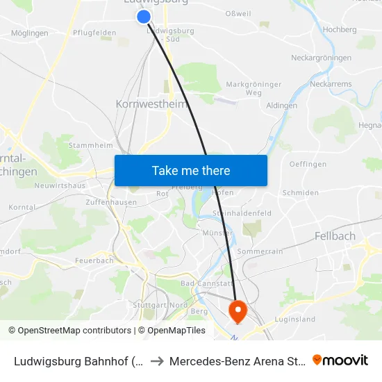 Ludwigsburg Bahnhof (Arena) to Mercedes-Benz Arena Stuttgart map