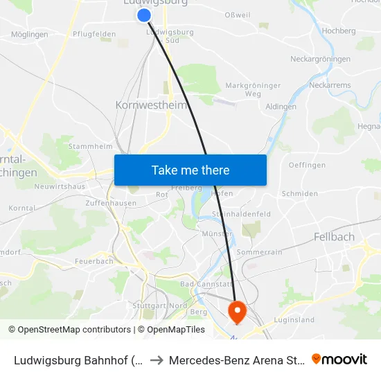 Ludwigsburg Bahnhof (Arena) to Mercedes-Benz Arena Stuttgart map
