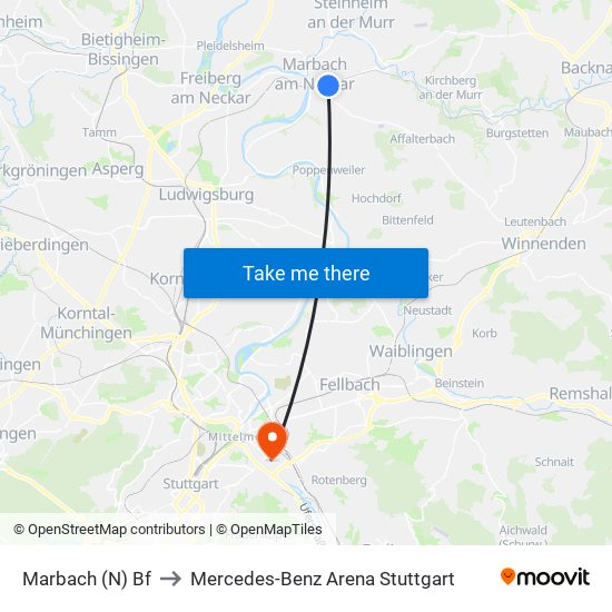 Marbach (N) Bf to Mercedes-Benz Arena Stuttgart map