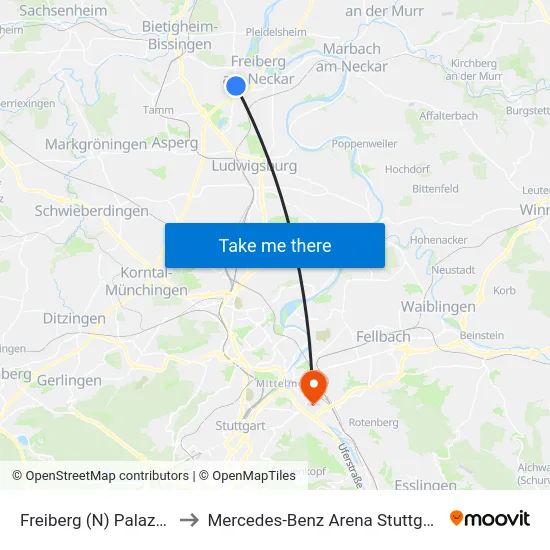 Freiberg (N) Palazzo to Mercedes-Benz Arena Stuttgart map
