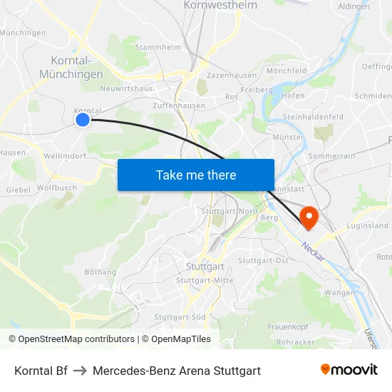 Korntal Bf to Mercedes-Benz Arena Stuttgart map