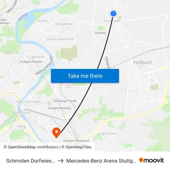 Schmiden Dorfwiesen to Mercedes-Benz Arena Stuttgart map