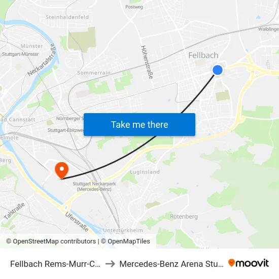 Fellbach Rems-Murr-Center to Mercedes-Benz Arena Stuttgart map