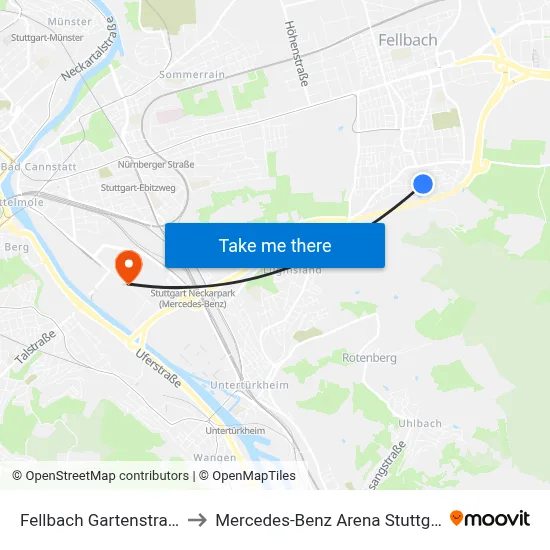 Fellbach Gartenstraße to Mercedes-Benz Arena Stuttgart map