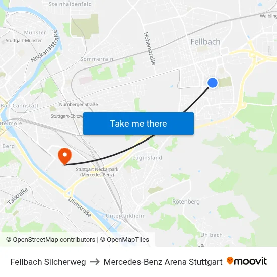 Fellbach Silcherweg to Mercedes-Benz Arena Stuttgart map