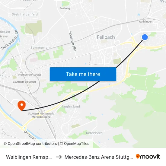 Waiblingen Remspark to Mercedes-Benz Arena Stuttgart map