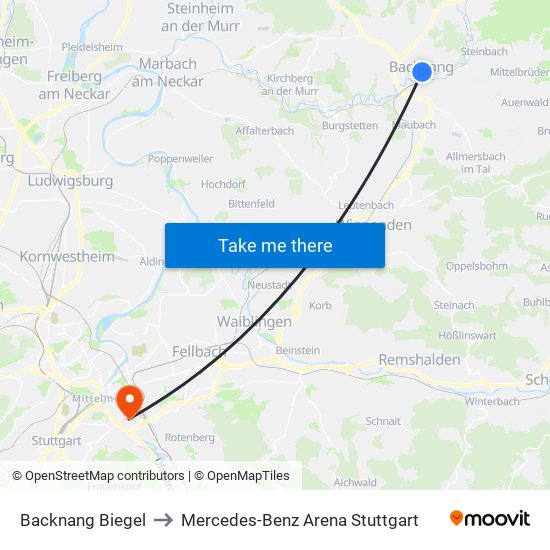 Backnang Biegel to Mercedes-Benz Arena Stuttgart map