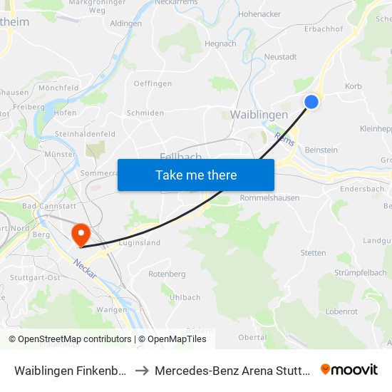 Waiblingen Finkenberg to Mercedes-Benz Arena Stuttgart map