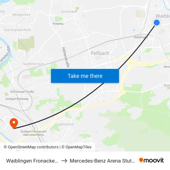 Waiblingen Fronackerstr. to Mercedes-Benz Arena Stuttgart map