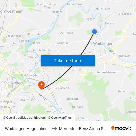 Waiblingen Hegnacher Höhe to Mercedes-Benz Arena Stuttgart map