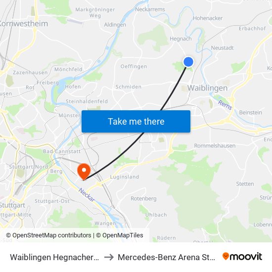 Waiblingen Hegnacher Höhe to Mercedes-Benz Arena Stuttgart map