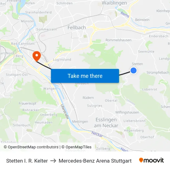 Stetten I. R. Kelter to Mercedes-Benz Arena Stuttgart map