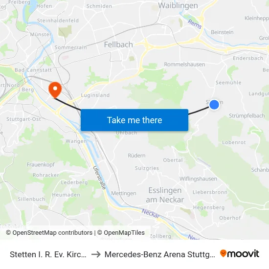 Stetten I. R. Ev. Kirche to Mercedes-Benz Arena Stuttgart map