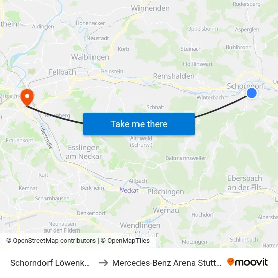 Schorndorf Löwenkeller to Mercedes-Benz Arena Stuttgart map