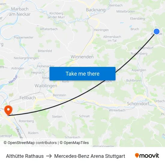Althütte Rathaus to Mercedes-Benz Arena Stuttgart map