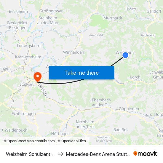 Welzheim Schulzentrum to Mercedes-Benz Arena Stuttgart map